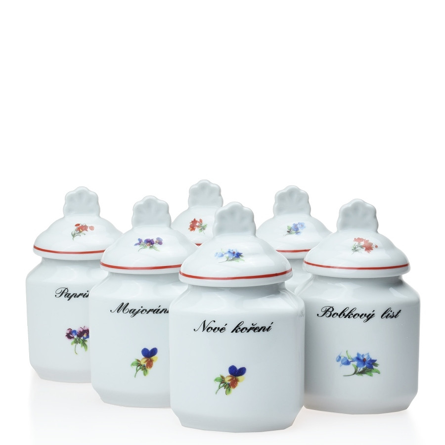 Porcelánové kořenky s nápisy 6ks červená linka Házenka