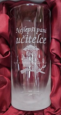 Pískovaná sklenička Long - Sovička č.15 - Nejlepší paní učitelce