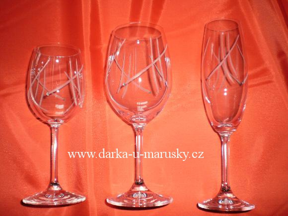 Písklovaná souprava na víno -350 ml -  6ks - Linie s kamínky