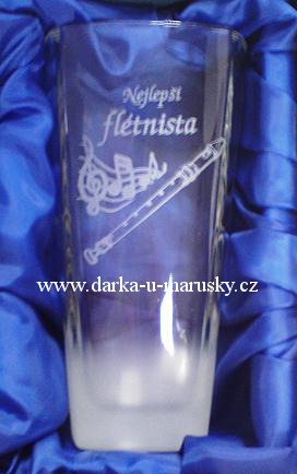 Pískovaná sklenička  dekor FLÉTNA - Nejlepší flétnista ( Tvar skleniček se může lišit)