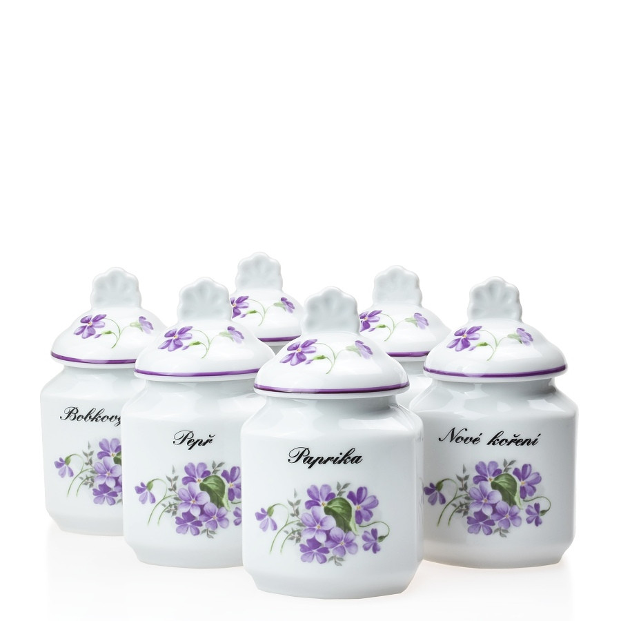 Kořenky 200ml porcelán s nápisy "základní řada 6ti kusů" fialky
