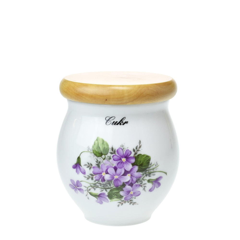 Dóza buclatá 400 ml s dřevěným víčkem "Cukr" fialky