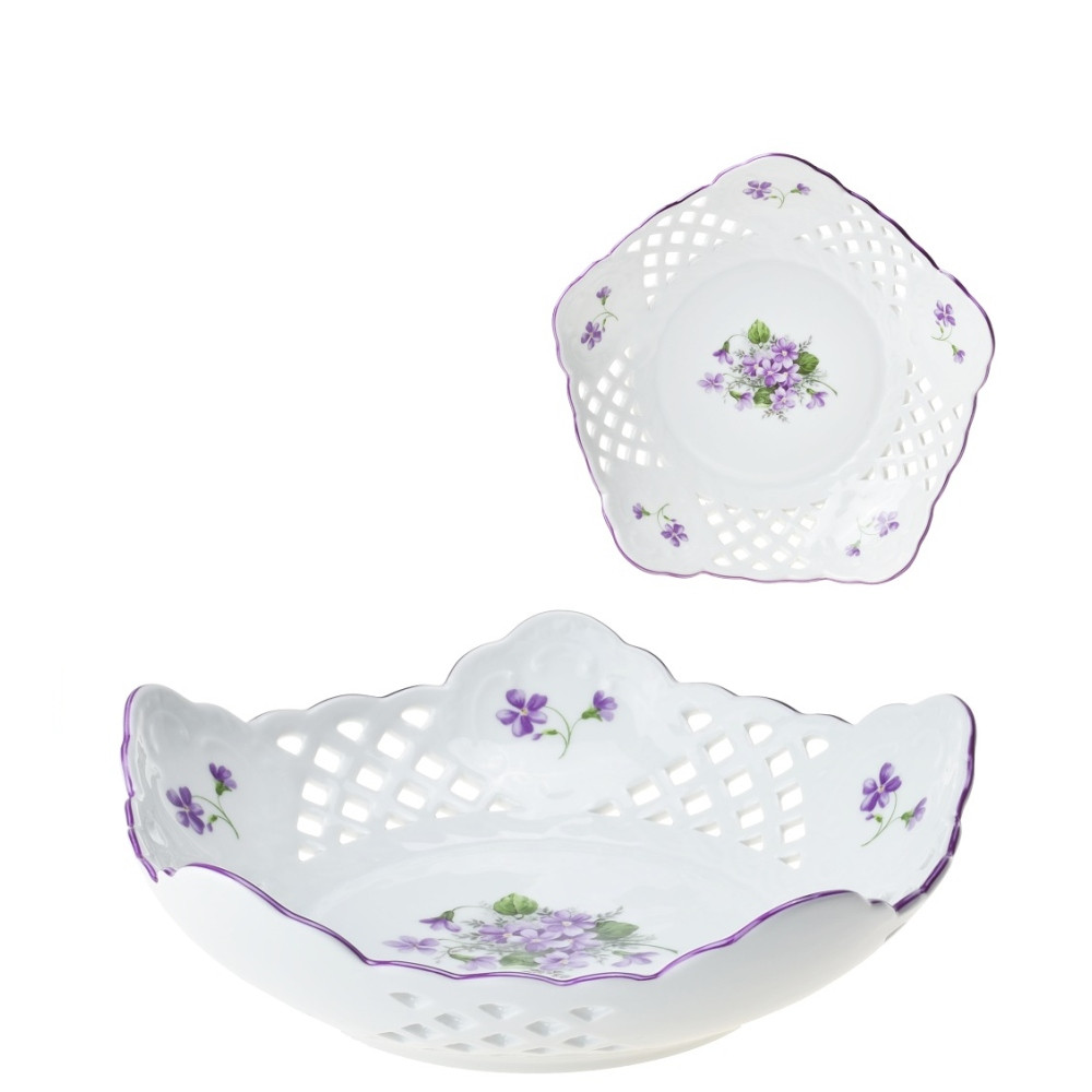 Mísa 5-ti hranná ručně prolamovaná 19cm fialky - fialová linka
