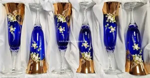 Flétny na sekt smalt - modrá barva - ručně malované sklo