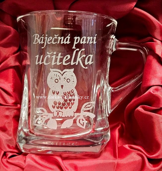 Pískovaný hrníček Geo nízký - Sovička č.14 A, Báječná paní učitelka