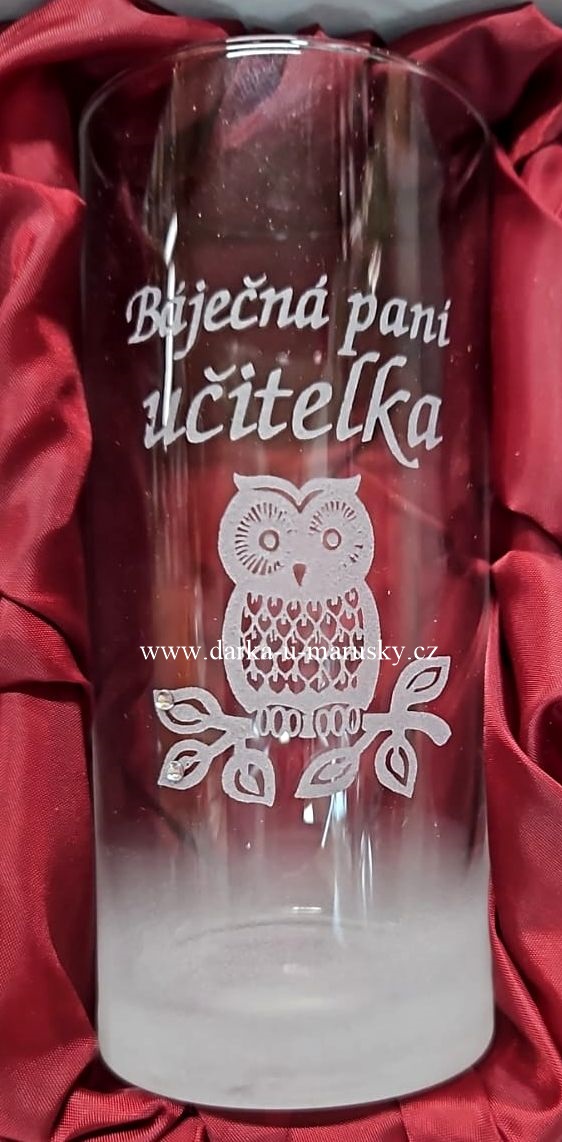 Pískovaná sklenička Long - Sovička č.14 - Báječná paní učitelka