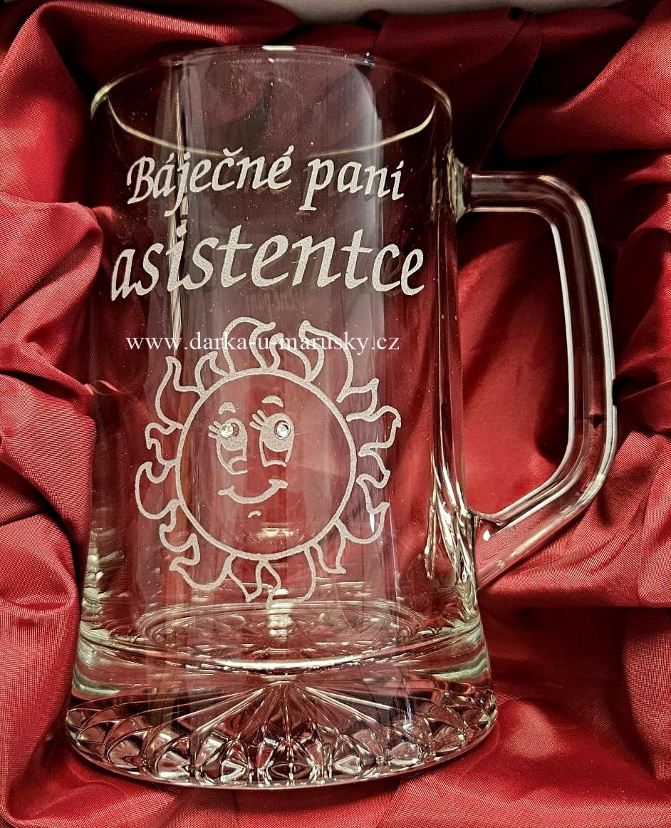 Pískovaný korbel - Sluníčko č.6, Báječné paní asistentce