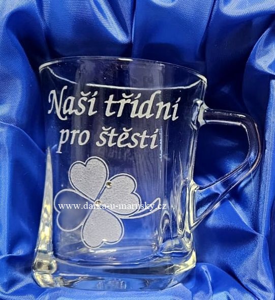 Pískovaný hrníček Geo nízký - Čtyřlístek - Naší třídní pro štěstí