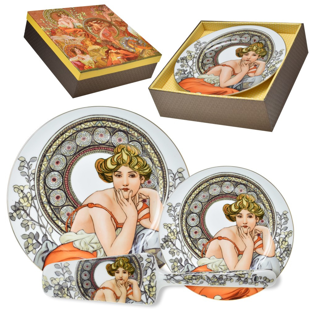 Porcelánová dortová nebo ( koláčová ) souprava 8-dílná - Alfons Mucha - Topaz (bílý podklad)