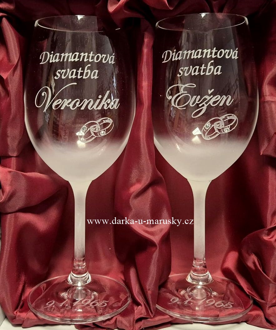 Skleničky na víno - 350ml - Diamantová svatba - Výročí sňatku - (ZKS) + prstýnky s kamínky