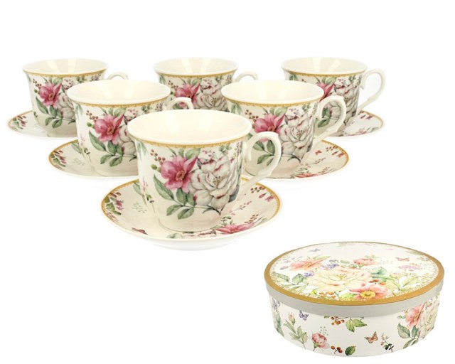 Sada 6ks porcelánový šálek s podšálkem v boxu 250ml - Dekor Růže