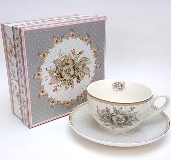 Porcelánový šálek s podšálkem v boxu 250ml - dekor Anne Mary - růže