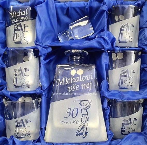 Křišťálová pískovaná whisky souprava 6+1 - GOLF