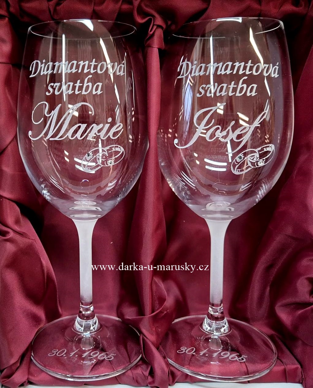 Skleničky na víno - 350ml - Diamantová svatba - Výročí sňatku - ( DS ) + prstýnky s kamínky