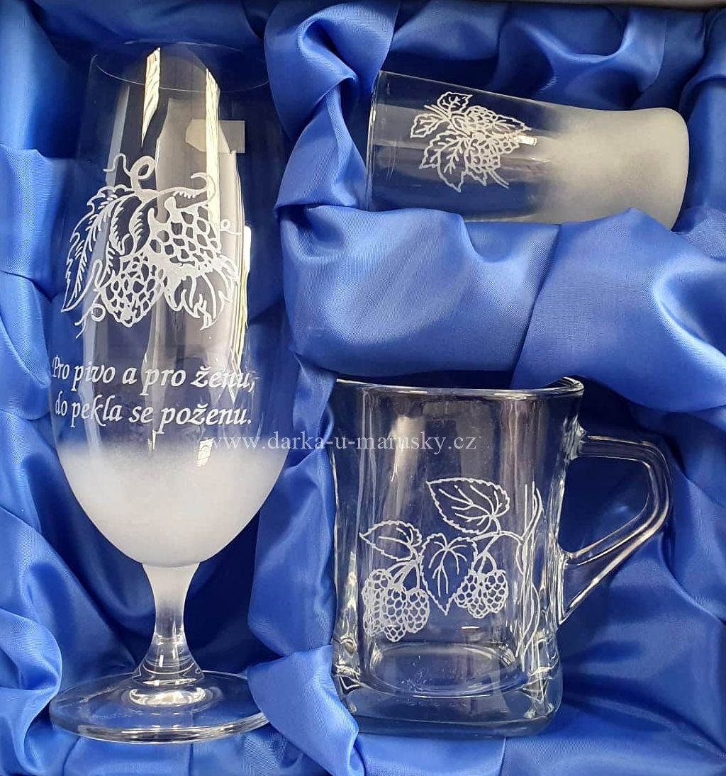 Pískovaný pivní set - dekor chmel