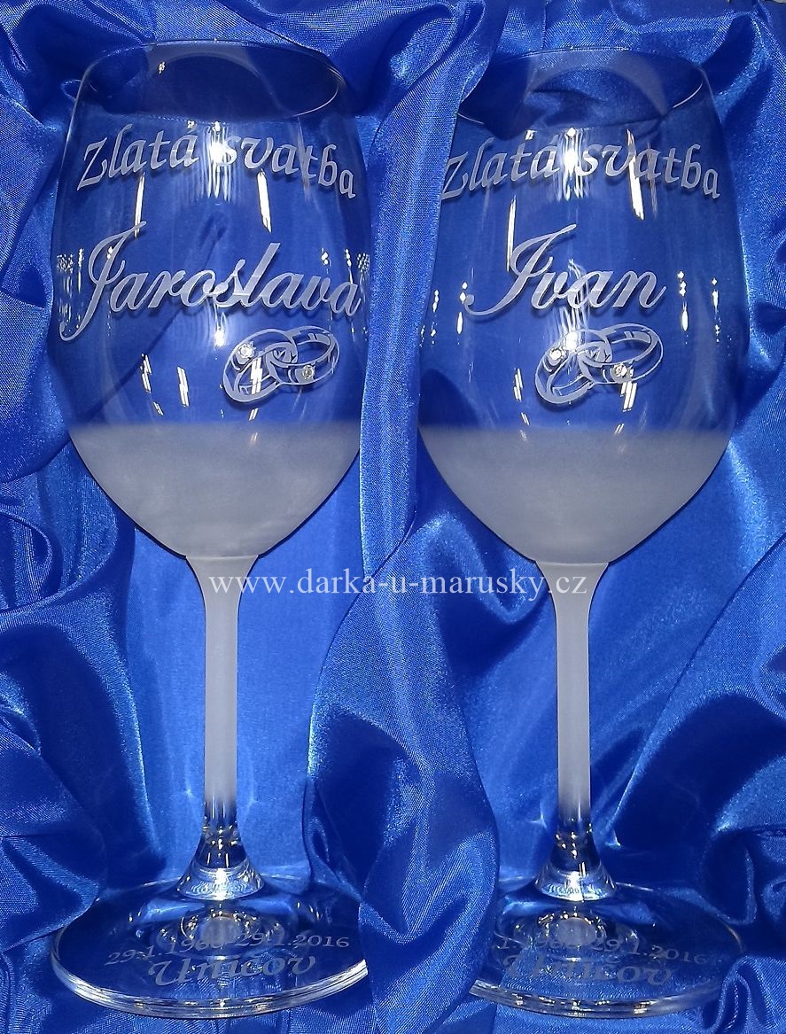 Svatební skleničky na víno - 350ml - Výročí sňatku + prstýnky s kamínky