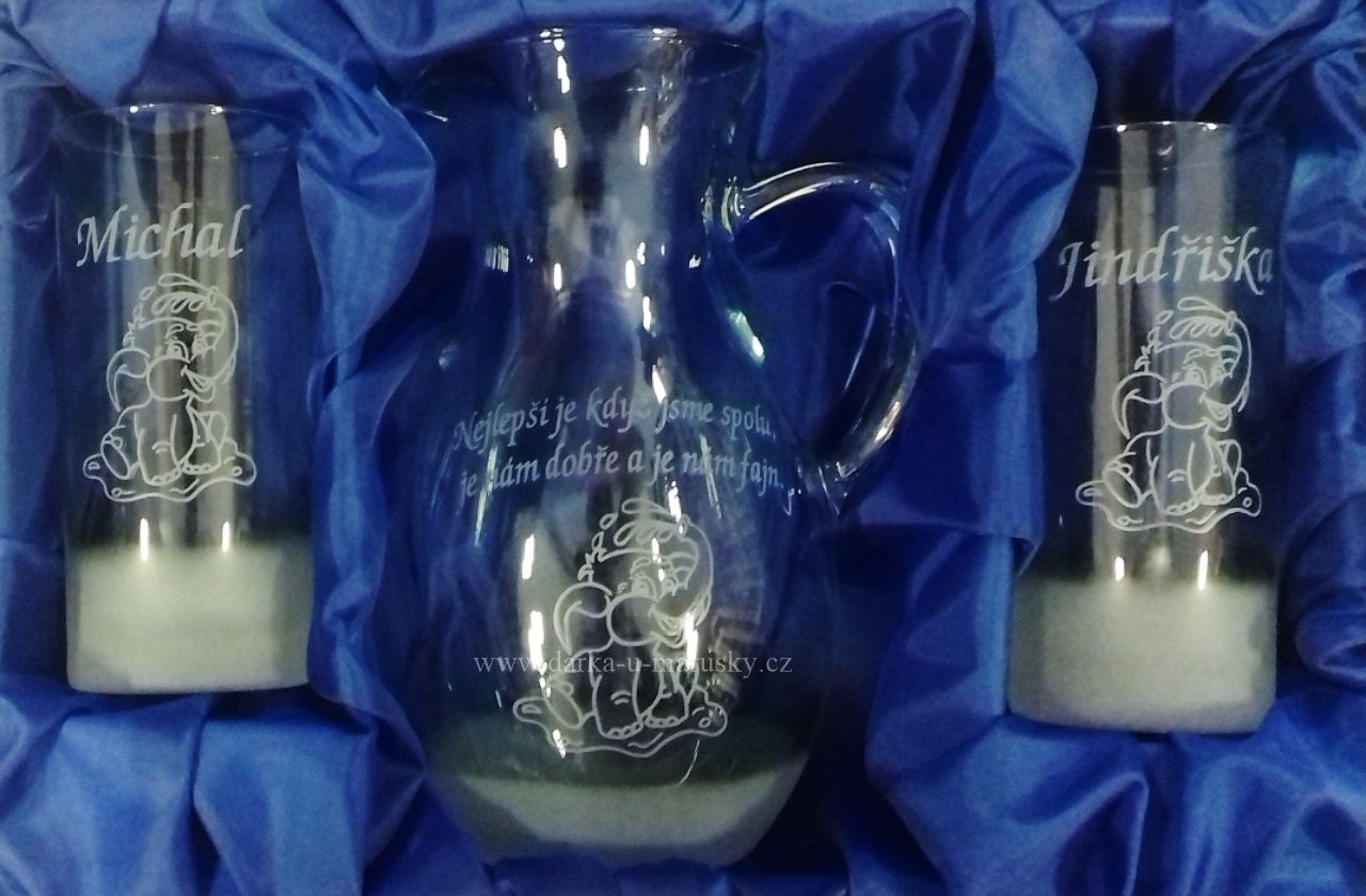 Pískovaná souprava -  Džbán 2+1 longovky - dekor sloník